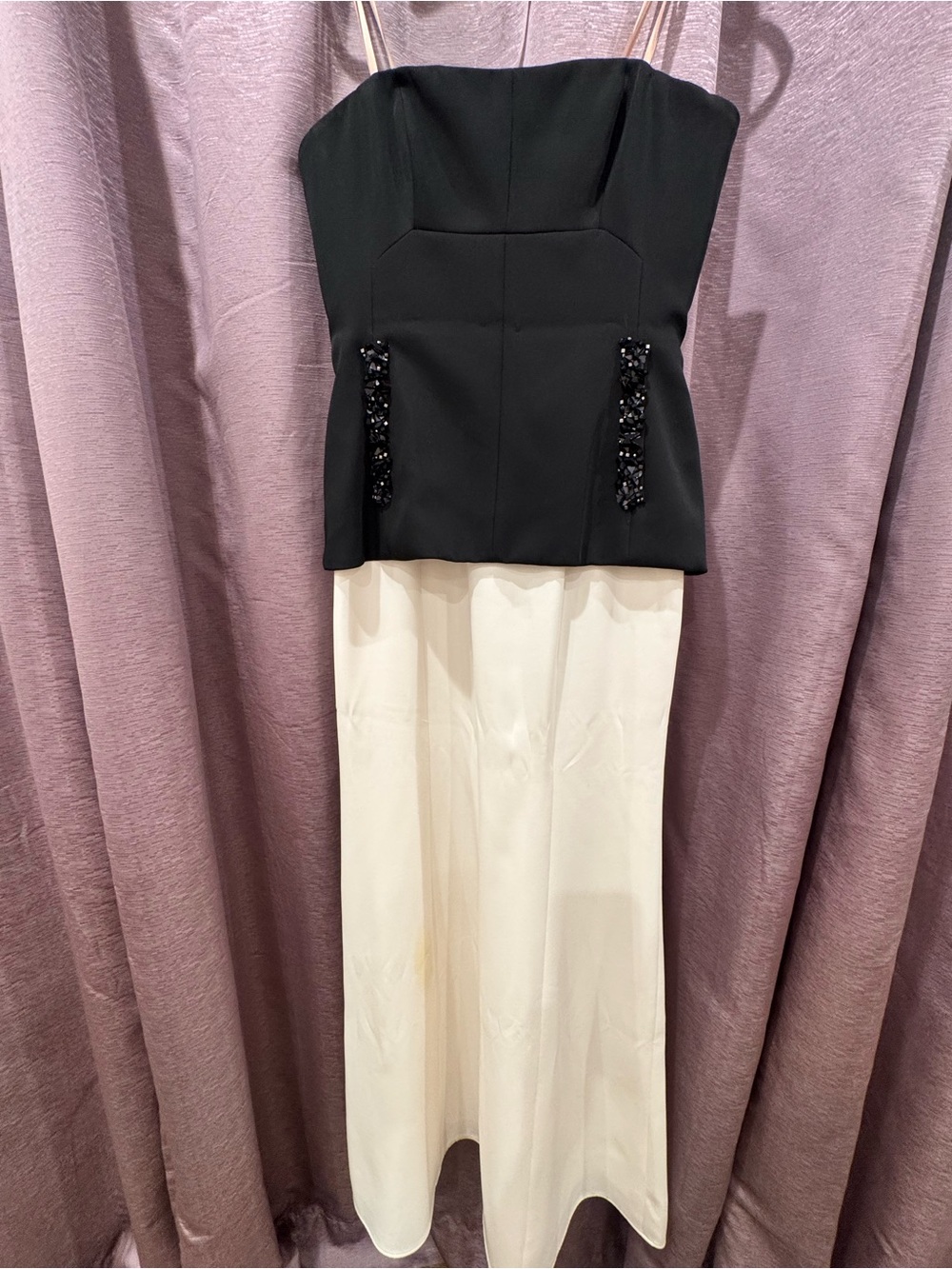 Strapless Black and Cream Evening Dress with Embellished Waist-BCBG